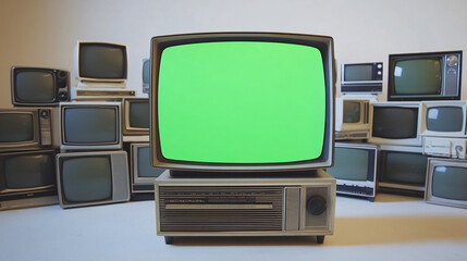 3d rendering of one big old television in front of a set of aged classical TVs, white clean atmosphere background, news template
