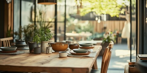 Dining table set for meals with plants and backyard view