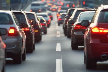 A traffic jam of cars on the highway, with one car in front and another behind it Generative AI