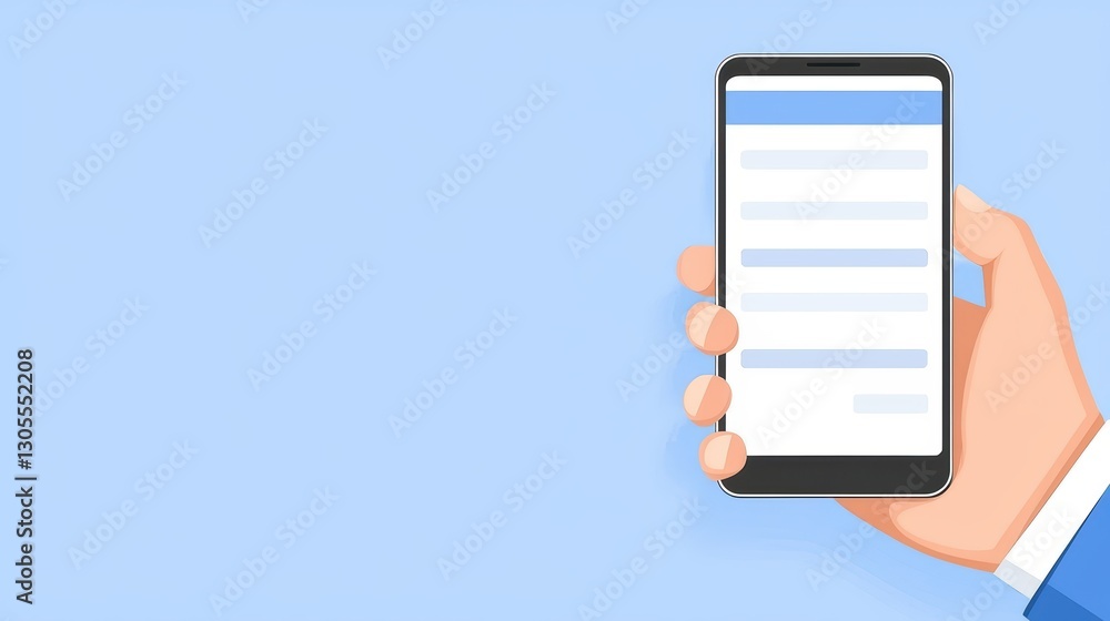 Poster man using smartphone for social media interaction in digital age with light blue background