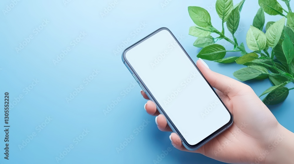Aufkleber man using smartphone to interact with social media on a blue background surrounded by greenery