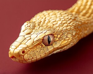 Obraz premium Golden snake head close-up on red background