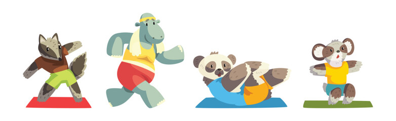 Funny Animals Doing Sport and Physical Exercise Vector Set