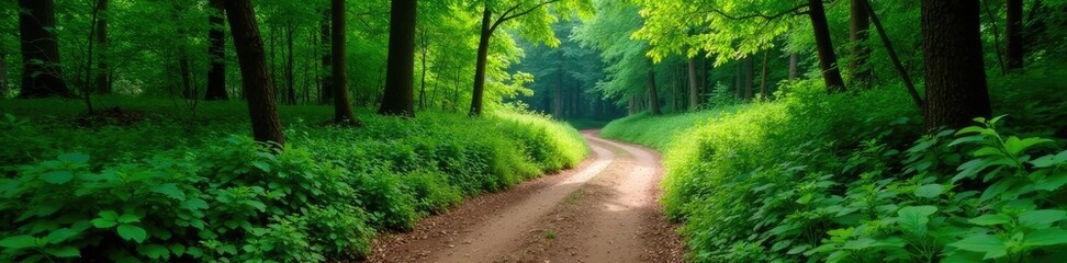Fototapeta premium Dense green foliage surrounds a winding dirt path, dry land, forest