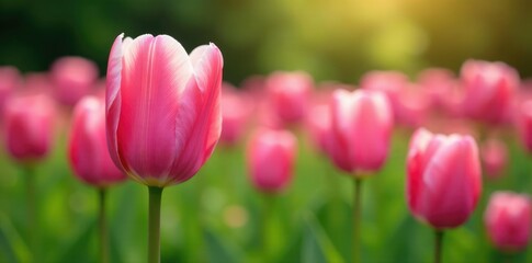 Soft pink tulip petals unfurl in a lush garden, pink flowers, garden scene,