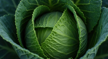 Obraz premium Close-up of Fresh Green Cabbage Head with Crinkled Leaves