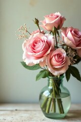 Fototapeta premium Soft pink vintage rose bouquet with delicate chicken feather texture background, bohemian, vintage