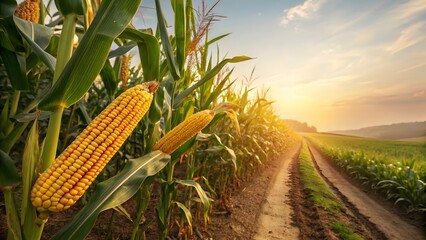 Golden cornfield at sunset with dirt path and clear sky. Created with Ai