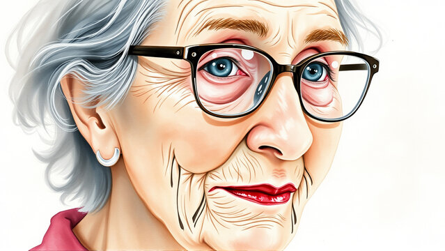 Colored drawing of an old grandmother with glasses