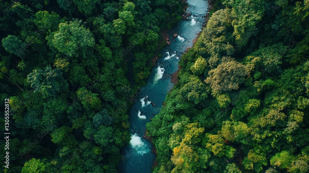 Poster a river flowing between lush trees in a dense green forest
