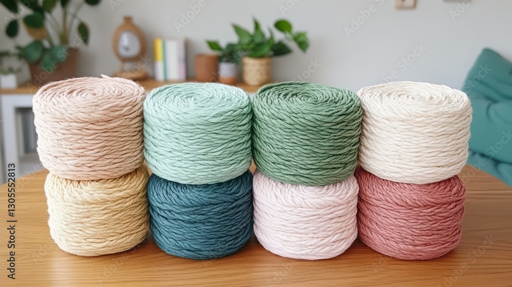 Poster stacked yarn spools in a variety of colors sitting on a table