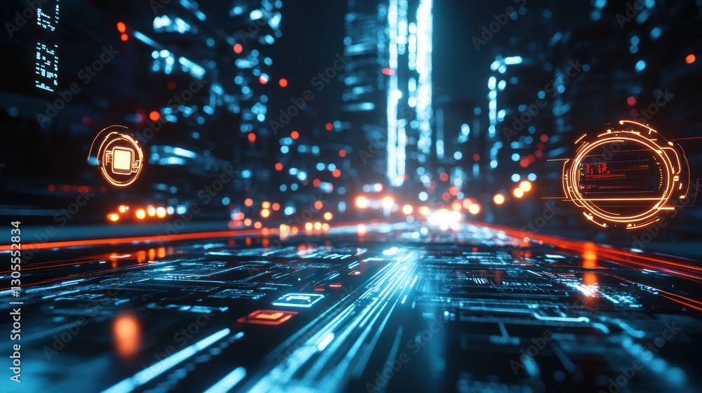 Poster futuristic city lights and digital network data transmission display