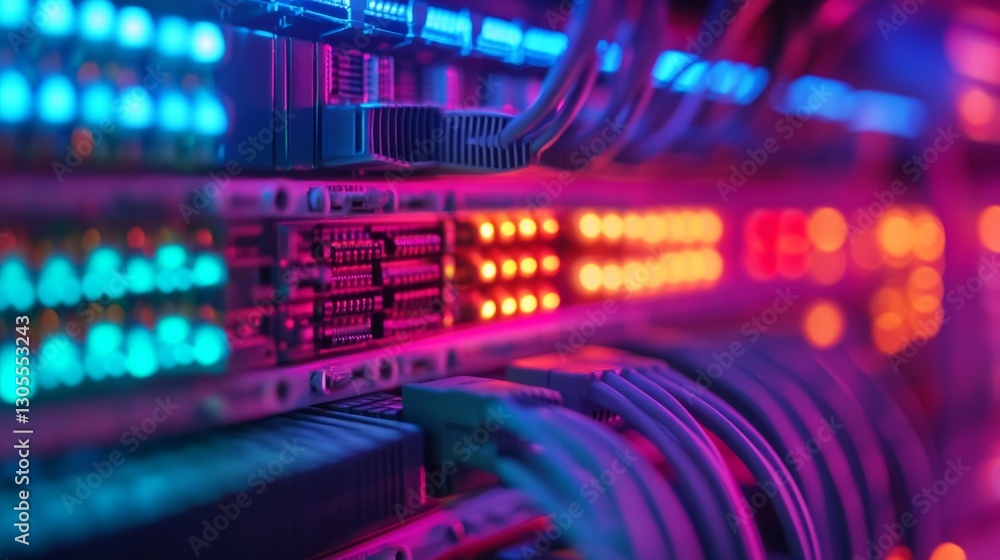 Aufkleber close-up view of network cables connected to tech equipment rack. colorful lights illuminate tech co