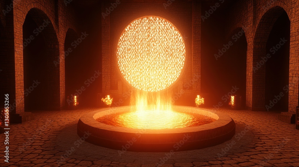 Poster a mystical structure with a fiery fountain in a dark room