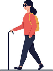 Fototapeta premium Woman walking confidently with a cane, wearing sunglasses and a backpack in a minimal and modern design style, vector illustration