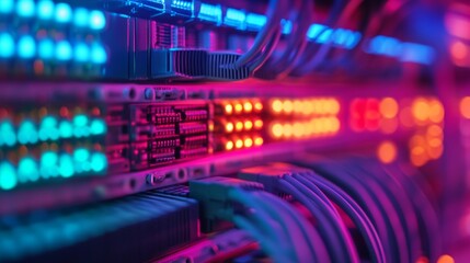 Fototapeta premium Close-up view of network cables connected to tech equipment rack. Colorful lights illuminate tech components, showing modern communication systems, advanced connectivity. 3k Resolution 