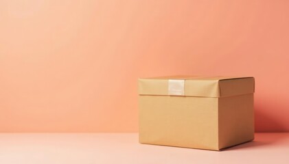 Cardboard container placed at an angle against a soft peach colored surface,, plain surface, angle shot