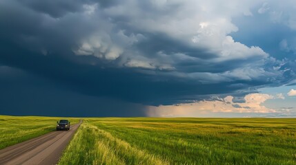 Fototapeta premium Truck Driving on Asphalt Road in Rural Landscape Under Dramatic Stormy Sky