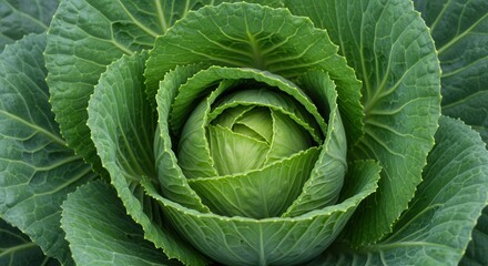 Obraz premium Close-up of Fresh Green Cabbage Head with Leafy Texture Detail