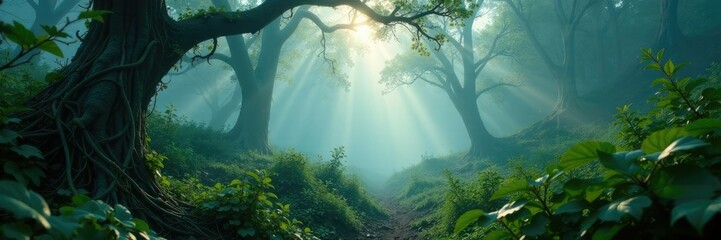 Obraz premium Dense thicket of brambles and vines in misty fog, entwined, mist