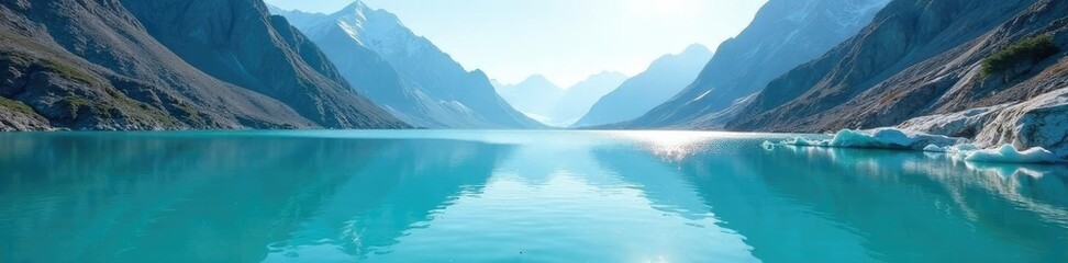 Glacial lake's turquoise waters sparkle in sunlight, icy, sunlight
