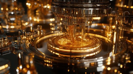 Golden liquid pouring into complex intricate industrial machine