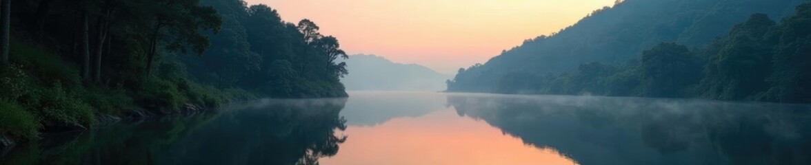 Fototapeta premium Misty dawn forest cliff reflected in river serene calm, forest, calm