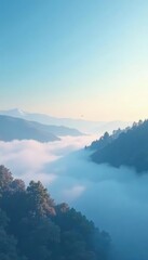 Obraz premium Soft whisper of sky blue fog lifts on a serene landscape, morning, peaceful