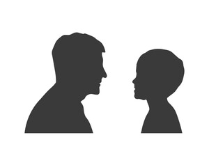 Silhouette side view portrait of senior man and child talking to each other. Grandfather and grandson conversation, flat style realistic drawing.