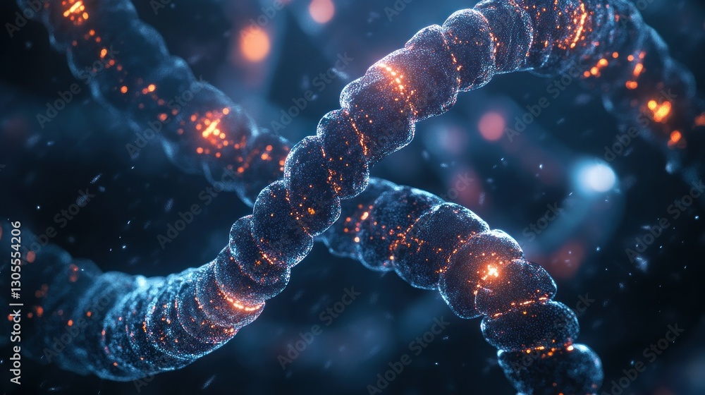 Poster Detailed illuminated DNA strands float with a blurry background