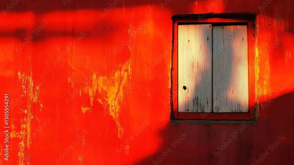 Poster a red building wall with window showing sunlight exposure dramatically