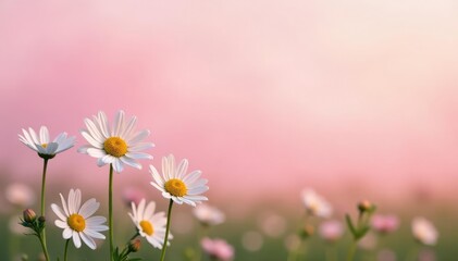 Fototapeta premium Chamomile flowers in a field against a pastel pink sky, pink, Chamomile, calming