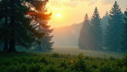 Obraz premium misty forest landscape with sunlit spruce trees, natural landscape, sunrise, green foliage