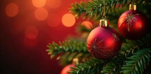 Soft warm lighting illuminates red and gold Christmas ornaments on a pine branch, red, holiday
