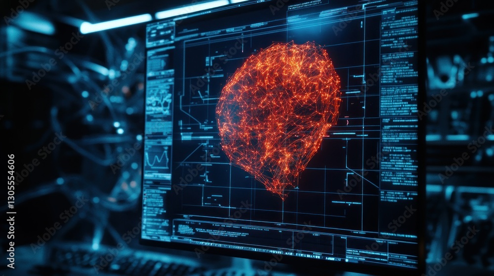Poster A glowing red network displayed on a computer monitor screen