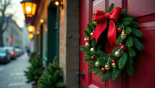A festive holiday wreath hanging from a front door, decoration, wreaths, Christmas