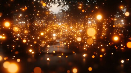 Fototapeta premium Abstract golden light particles floating gently in dark atmospheric space