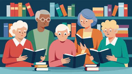 The musty smell of old books fills the air as a group of seniors gather in a dusty library to take turns reading passages from their current book club selection.. Vector illustration