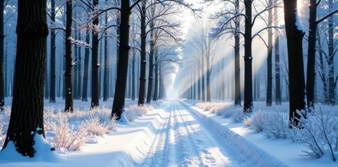 Dense forest path with bare trees under snowfall, nature, frosty morning, white