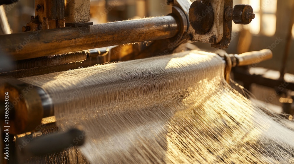 Poster An old weaving machine creating fabric with golden fibers and light