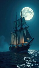Ghostly sails and rigging catch the full moon's light, full moon, illumination