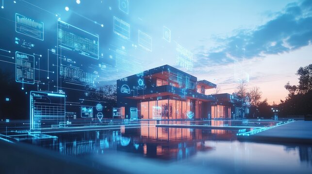 Smart home with digital interface at dusk