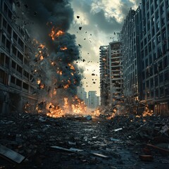Destruction unfolds in a city after a fierce explosion during the late afternoon hours