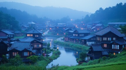 Misty Japanese village at dawn, houses reflecting on a canal, rice paddies in the foreground