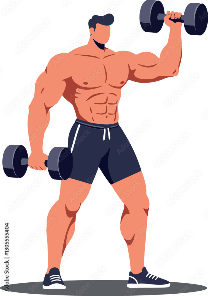 Poster strong man lifting dumbbells in a dynamic pose showcasing muscular physique in a flat design vector 