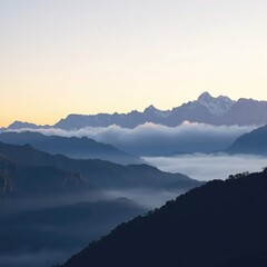 Fototapeta premium A mountain range at sunrise with mist and fog, mountain, outdoorsy, mist