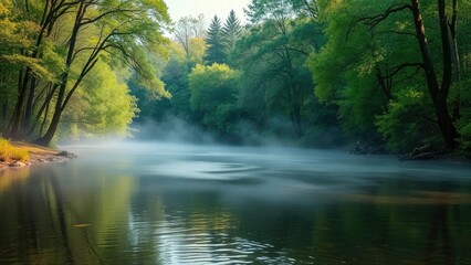 Fototapeta premium A misty veil rises from the calm river's surface, tranquility, forest