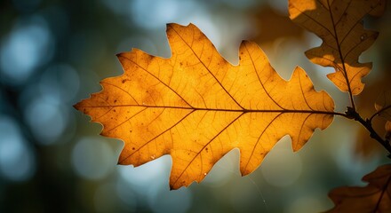 Close-up of a Golden Autumn Leaf with Veins and Soft Bokeh