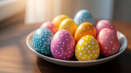 Obraz premium holiday decoration, hand-painted easter eggs on a wooden table with bright spring sunlight streaming in from a nearby window