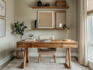 A minimalist wooden desk and chair in a bright home office